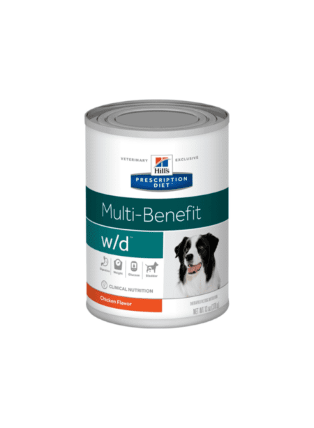 Hills Canino W/D Lata 369gr, comida para perros para el control de peso y soporte digestivo.
