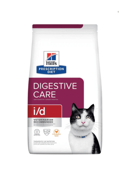 Bolsa de Hill's Prescription Diet Feline I/D Dry 1.8kg para la salud digestiva de gatos.