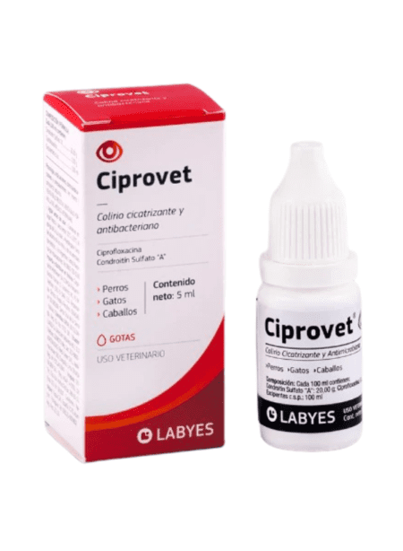 Ciprovet, solución oftálmica antibacteriana para animales.