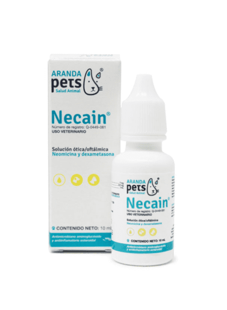 Necain Gotas, solución oftálmica para tratar afecciones oculares en mascotas.