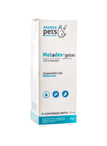 Frasco de Melodex Gotas, analgésico y antiinflamatorio para mascotas.