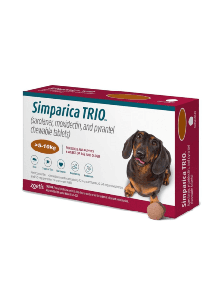Simparica Trio 5 - 10 kg, tratamiento antiparasitario integral para perros medianos.