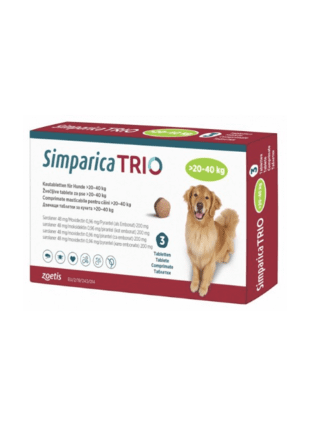 Simparica Trio 20 - 40 kg, tratamiento antiparasitario integral para perros grandes.