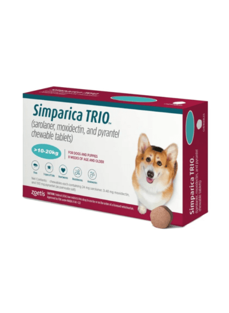 Simparica Trio 10 - 20 kg, tratamiento antiparasitario integral para perros medianos.