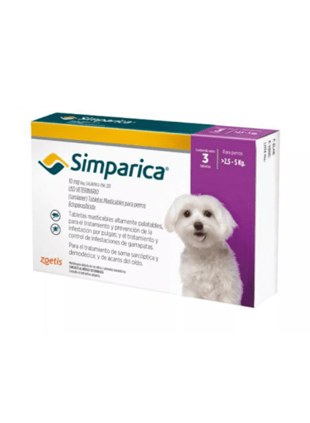 Simparica 2.5 - 5 kg, tratamiento antiparasitario oral para perros pequeños.