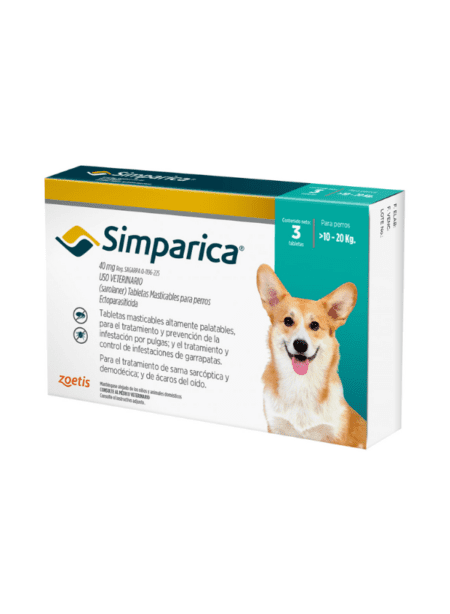 Simparica 10 - 20 kg, tratamiento antiparasitario oral para perros medianos.