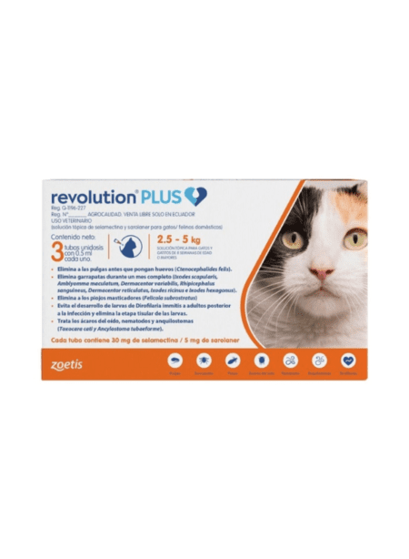 Revolution Plus 2.5 a 5 kg, tratamiento antiparasitario tópico para gatos pequeños.