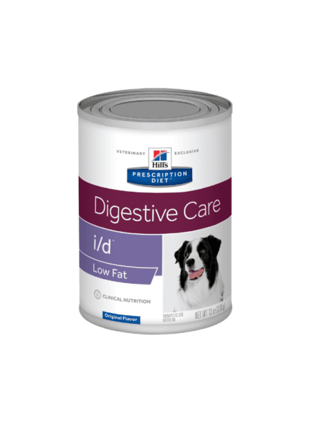 Lata de Hill's Prescription Diet Canino I/D Low Fat de 369g para perros con problemas digestivos.