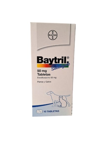 Baytril 50mg Saborizado, antibiótico para perros y gatos con sabor agradable.