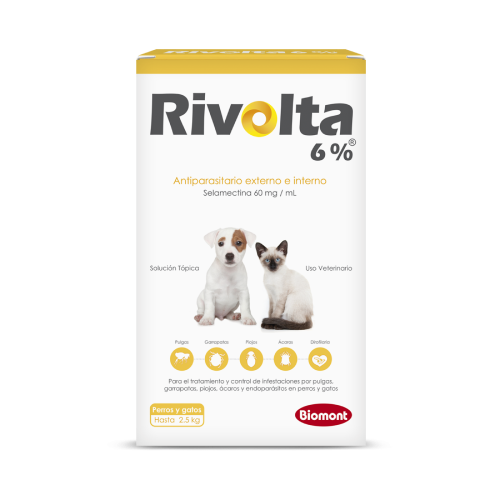 rivolta6_amarillo Rivolta 6% hasta 2.5kg. Antiparasitario interno y externo para perros y gatos mayores a 6 semanas de edad.