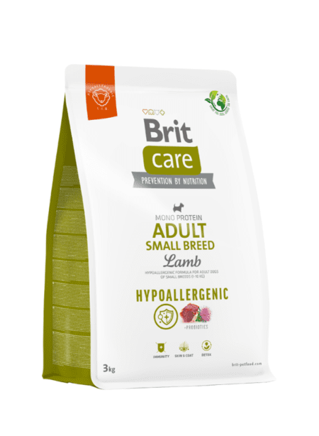 Bolsa de Brit Care Adult Small Breed L&R, alimento seco premium para perros de razas pequeñas, formulado con ingredientes de alta calidad para una nutrición equilibrada.