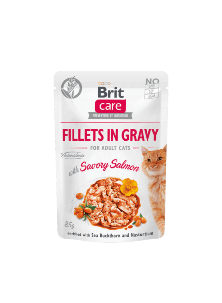 Imagen de pouch de Brit Care Fillets in Gravy for Adult Cats with Savory Salmon 85 g, con un diseño atractivo que destaca los ingredientes clave: salmón, antioxidantes y salsa deliciosa.