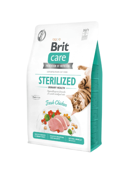 Bolsa de Brit Care Cat Sterilized Urinary Health - Fresh Chicken 1.5 kg, alimento para gatos esterilizados, formulado para la salud urinaria y control de peso.