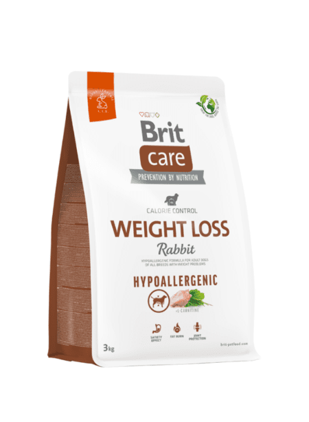 Alimento seco Brit Care Weight Loss con ingredientes de conejo y arroz, ideal para la pérdida de peso en perros.