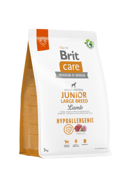 Brit Care Junior es un alimento para cachorros de razas grandes. Hecho de cordero y arroz.