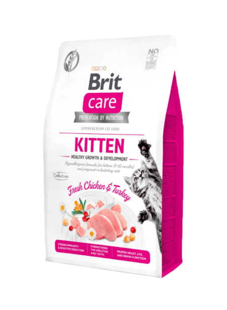 Bolsa de Brit Care Cat Kitten Healthy Growth & Development 2 kg, alimento para gatitos con pollo fresco y pavo, formulado para un desarrollo saludable.