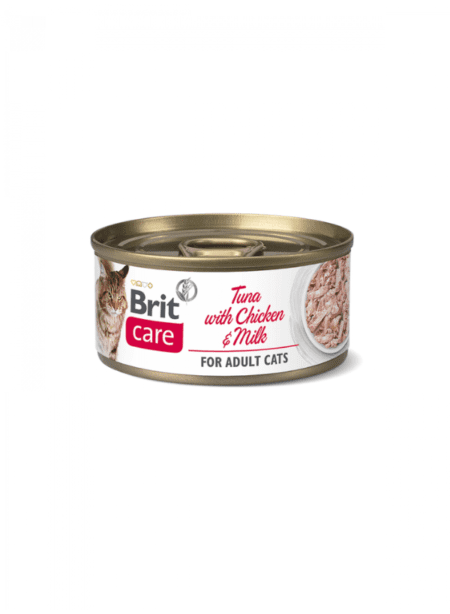 Imagen de una lata de Brit Care Cat Adulto Tuna with Chicken and Milk 70 g, con un diseño atractivo que resalta los ingredientes principales: atún, pollo y leche.