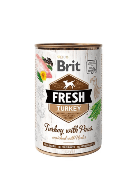 Brit Fresh Turkey with Peas, comida húmeda para perros, elaborada con pavo fresco y guisantes.