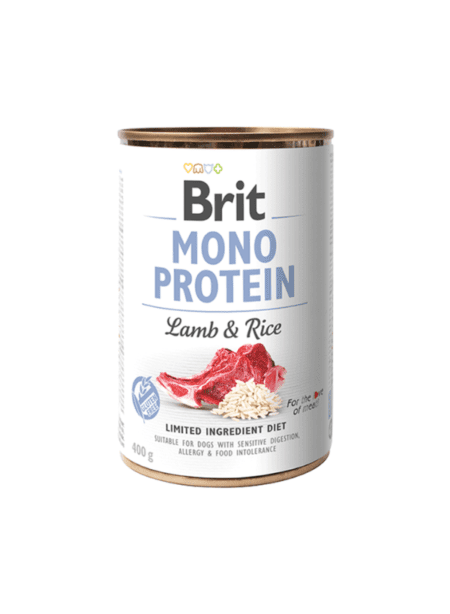 Brit Mono Protein Lamb & Rice 400g: comida húmeda para perros, formulada con cordero y arroz como única fuente de proteína.