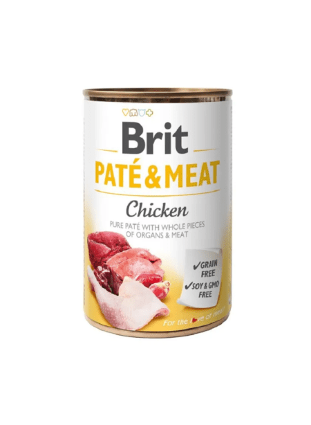 Lata de Brit Pate & Meat Chicken, alimento húmedo para perros con pollo de alta calidad y una mezcla de paté y trozos de carne