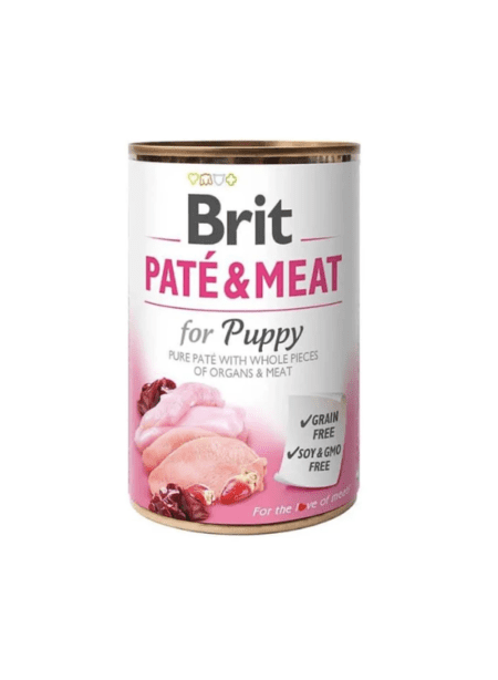 Lata de Brit Paté & Meat for Puppy, alimento húmedo para cachorros con carne de alta calidad y una fórmula nutritiva.