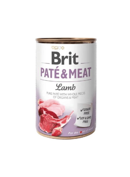 Lata de Brit Pate & Meat Lamb, alimento húmedo para perros con cordero y una mezcla de paté y trozos de carne.