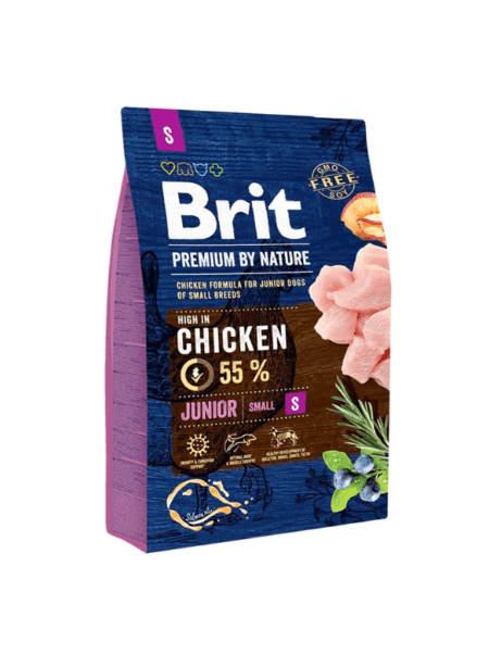 Bolsa de BRIT Premium by Nature Junior Small 3 KG, alimento natural para cachorros de razas pequeñas, con pollo fresco para un crecimiento saludable.