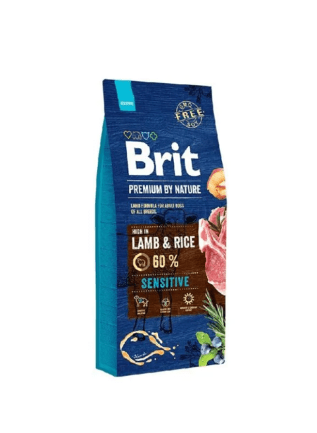 Lata de Brit Premium By Nature Sensitive Lamb 3 Kg, alimento seco hipoalergénico para perros con estómagos sensibles.