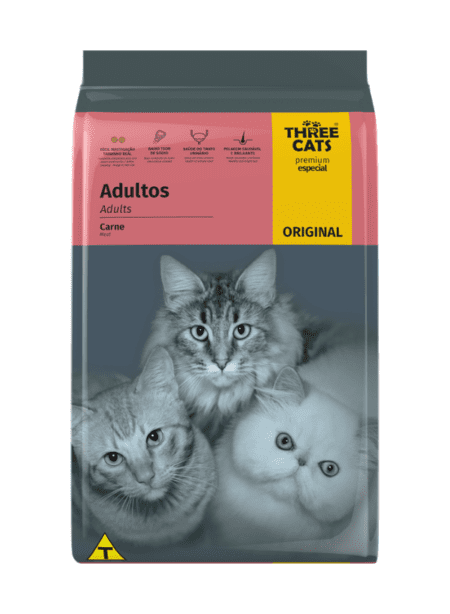 Bolsa de Three Cats Adulto Carne 1 KG, alimento completo para gatos adultos, con proteínas de carne para mantener la salud muscular y un pelaje brillante.